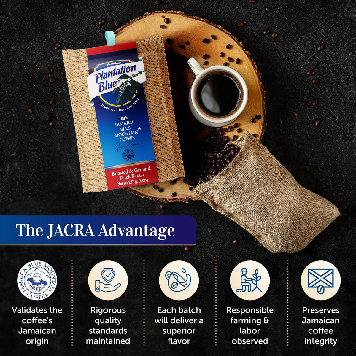 Plantation Blue 100% Jamaica Blue Mountain Coffee - Dark Roast - 8oz Ground